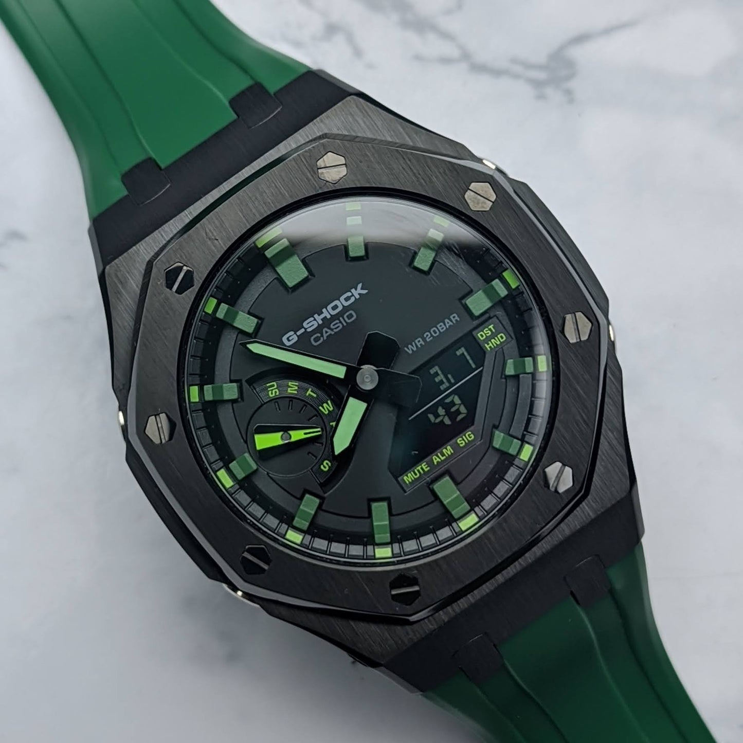 Modified CasiOak Offshore Green Dial on Green Rubber Strap - Q Wrist - Modified Watches