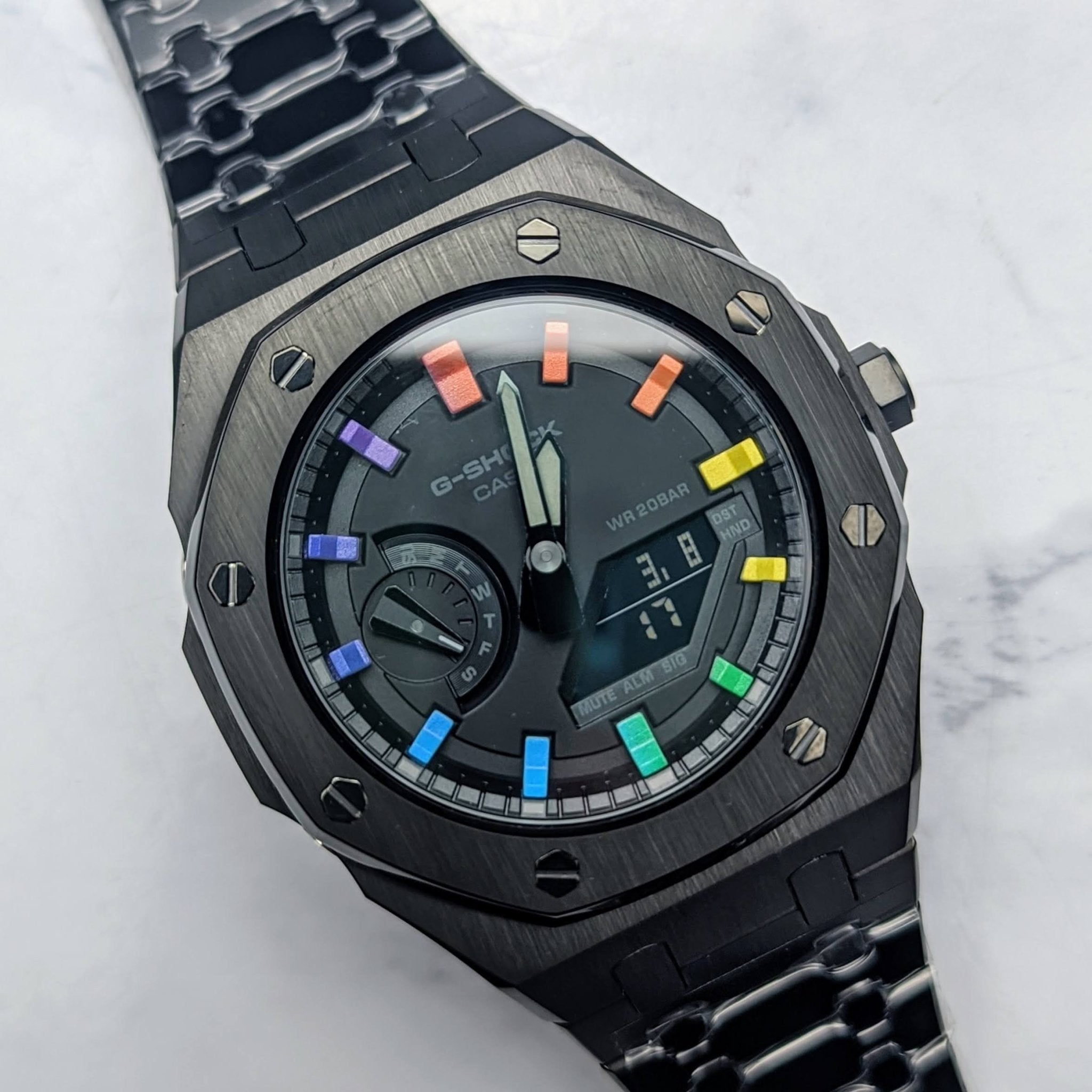 Modified CasiOak Rainbow Dial on Black Stainless Steel - Q Wrist - Modified Watches